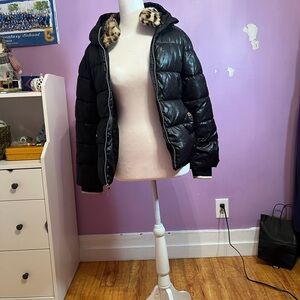 Michael Kors Black Puffer Jacket with Leopard Faux Fur